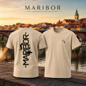 Maribor premium majica Pohor’c z minimalističnim vertikalnim napisom MARIBOR